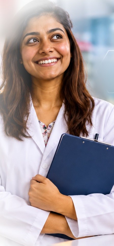 Smiling pharmacy student in a white coat holding a clipboard